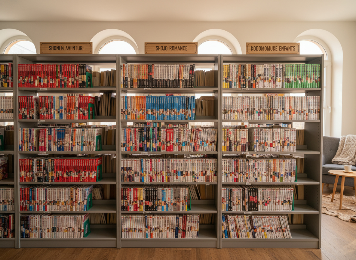 Bibliothèque manga organisée pour découvrir de nouvelles séries